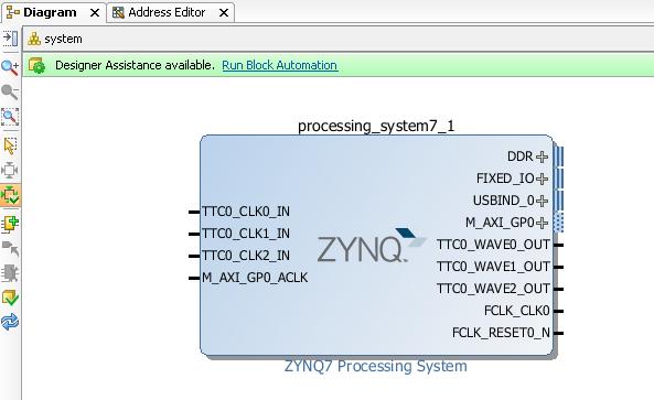 6. Double click on the ZYNQ7 Processing System block to edit the settings (or Recustomize the IP). Figure 2-6: Processing System Block in the Block Diagram view 7.