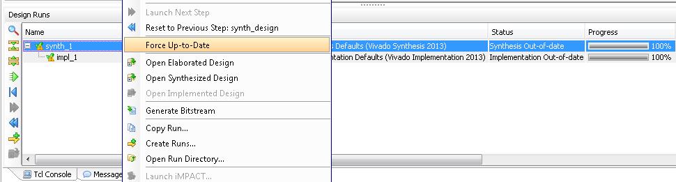 6. Click on the Design Runs tab. Notice Vivado flagged the synthesis run as being out of date. This is due to the constraints file being modified.