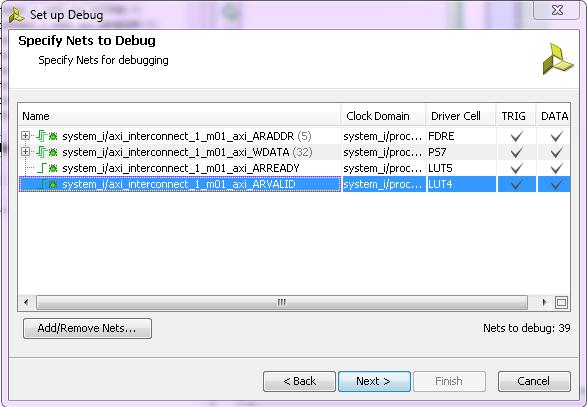 10. Now expand the Assign Debug Nets branch in the Debug tab, notice the signals previously specified for debug appearing in there. Figure 4-4: Set up Debug wizard specifying nets to debug 11.