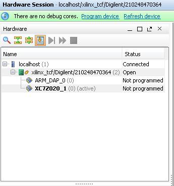 Figure 4-6: Identified devices during Hardware Session 18. Go with the default path to the system_wrapper.bit file in the Program Device window and click Program.