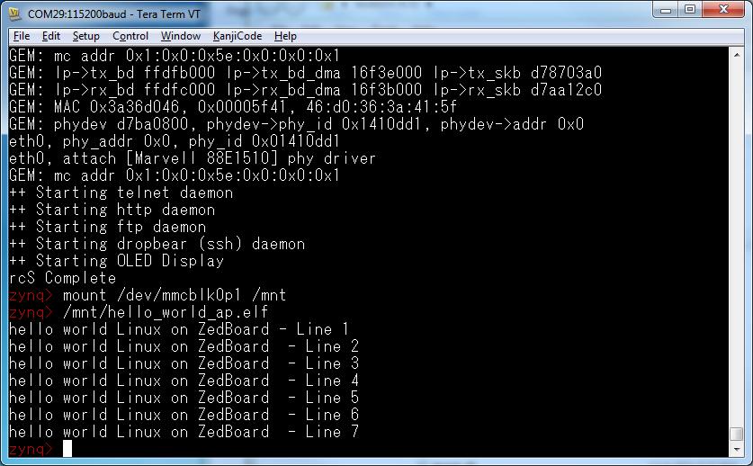 Figure 5-13: Serial Terminal Window with hello_world_linux running 5.