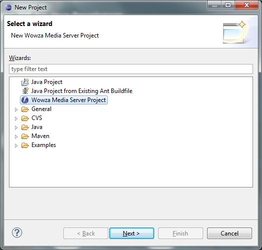 To invoke the new project wizard, do the following: 1. In Eclipse, select New > Project from the File menu. 2.
