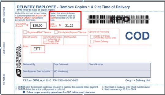 Collect on Delivery (COD) Description Collect on Delivery allows sender to collect money from the recipient for merchandise, postage, or fees PLY at time