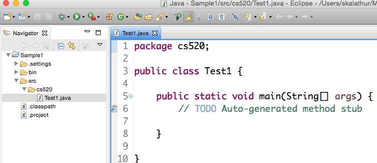 The file Test1.java is now created under the src/cs520 folder.