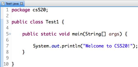 The java class Test1 should match with the name of the file Test1.java. A dummy main method stub is also created.