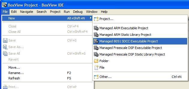 For 8051 projects, choose New->Managed 8051 SDCC Executable Project; for Freescale projects, choose New->Managed Freescale DSP Executable Project: The New Executable project dialog will be displayed.