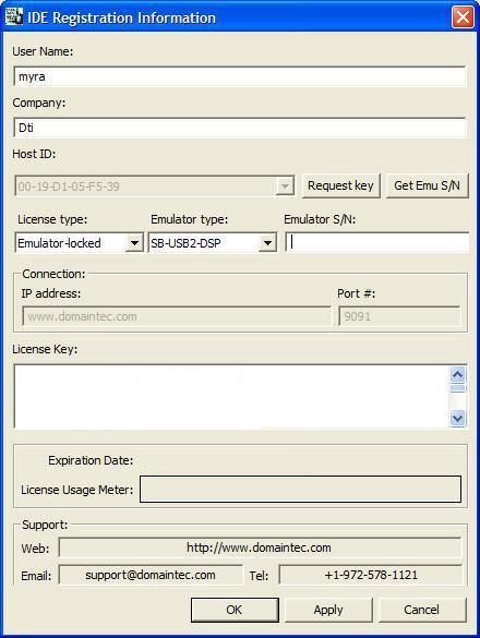 Emulator Locked License Fill in the User Name and Company entry fields.