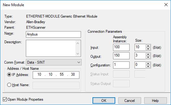 Studio 5000 Configuration 10 (14) 4. In the Module Properties window, enter a name for the new module. In this example the module will be named Anybus.