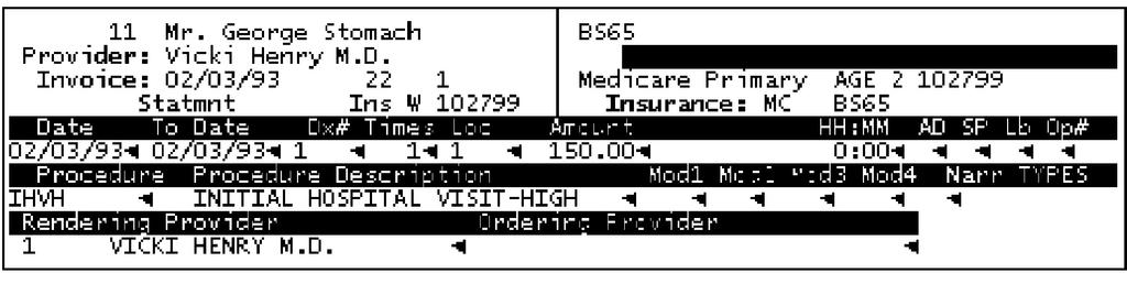 Figure 5-13: Charge Line Screen to Electronic Claims Defaults Using MOS EDI or FASTEMC Module This option offers the two date format with 4 modifiers and a narrative addition.
