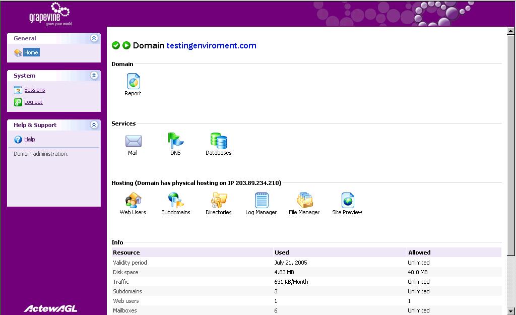 Grapevine web hosting user manual 5 How it looks The control panel is divided into two main areas. The navigation area is located at the left.