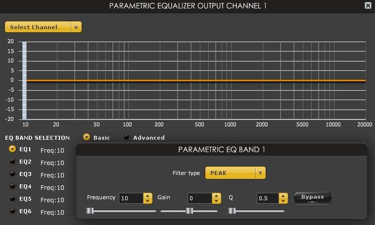 4.3.5 Parametric Equalizer EQ band selection: Select one of the 6 x Parametric Equalizers Filter type: Select between Peak, Low Shelf, High Shelf Bypass: Disables the equalization but doesn t reset