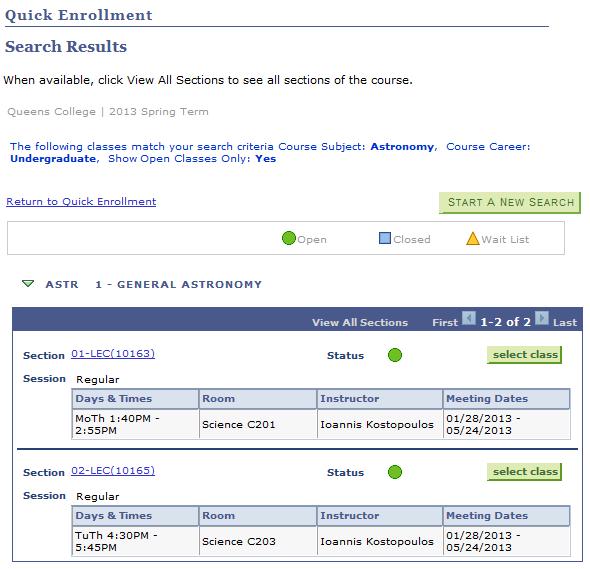 16. On the Quick Enrollment Search Results page in the Search Results area, class sections display in alphabetical order.