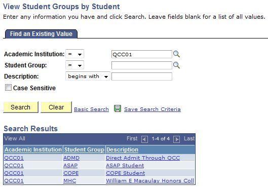 4. Click the Student Group Look Up icon; and then on the Search Results list, select the Academic Institution, Student Group, or
