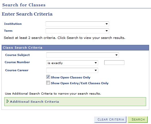 7. On the Search for Classes page in the Enter Search Criteria section, click the 8. Institution school.