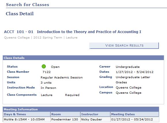 16. The Class Detail page displays including Class Details, Meeting Information, Enrollment Information, Class Availability, Notes, Description and Textbook/Other Materials sections.