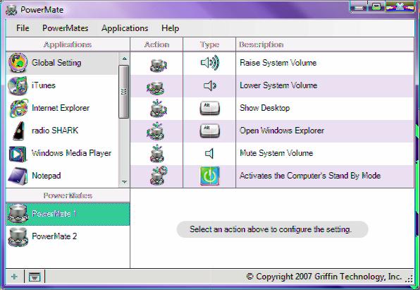 PowerMate Controls First, we'll show you how to add Applications and configure PowerMate Actions in the PowerMate Settings Editor.