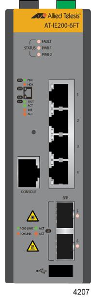 Chapter 1: Overview Hardware Components The switches in the IE200 Series are listed here: AT-IE200-6FT AT-IE200-6FP AT-IE200-6GT AT-IE200-6GP The front panel of the AT-IE200-6FT Switch is shown in