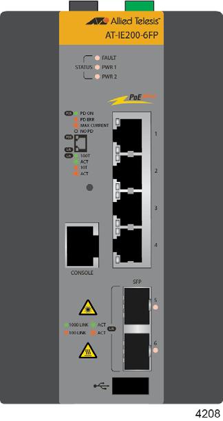 IE200 Series Installation Guide The front panel of the AT-IE200-6FP Switch is shown in Figure 2.