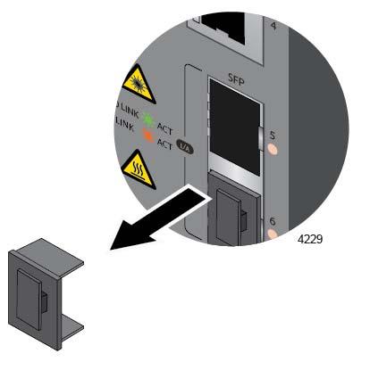 IE200 Series Installation Guide Figure 25. Removing the Dust Plug from an SFP Slot 2.