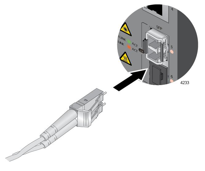 IE200 Series Installation Guide Figure 29. Connecting a Fiber Optic Cable to an SFP Transceiver 7.