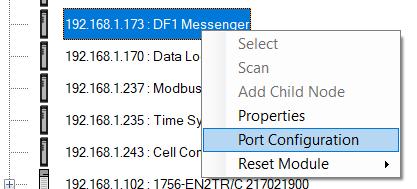 Setup Right-clicking on a device, reveals the context menu, including the Port