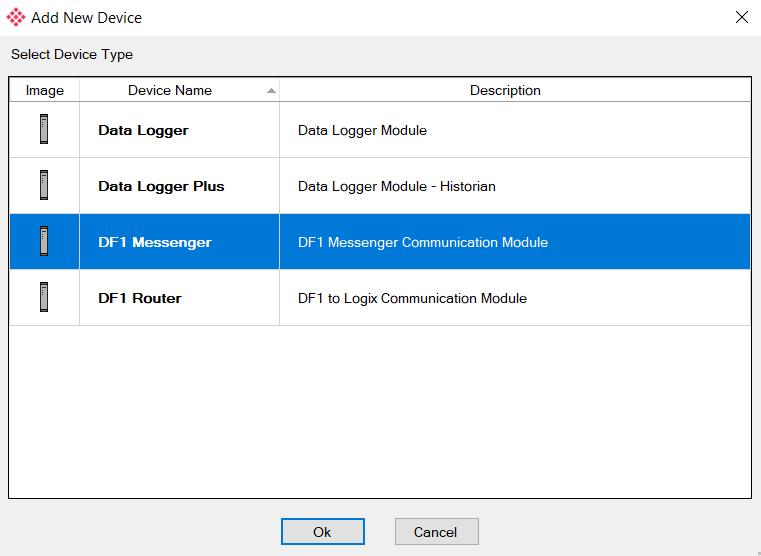 Setup In the Add New Device window, select the PLX51-DF1-MSG, and click the Ok button. Figure 3.