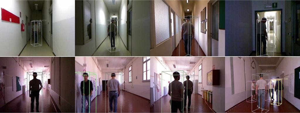 Fig. 5. People following test. First row: examples of tracked frames while a person is robustly followed along a narrow corridor with many lighting changes.