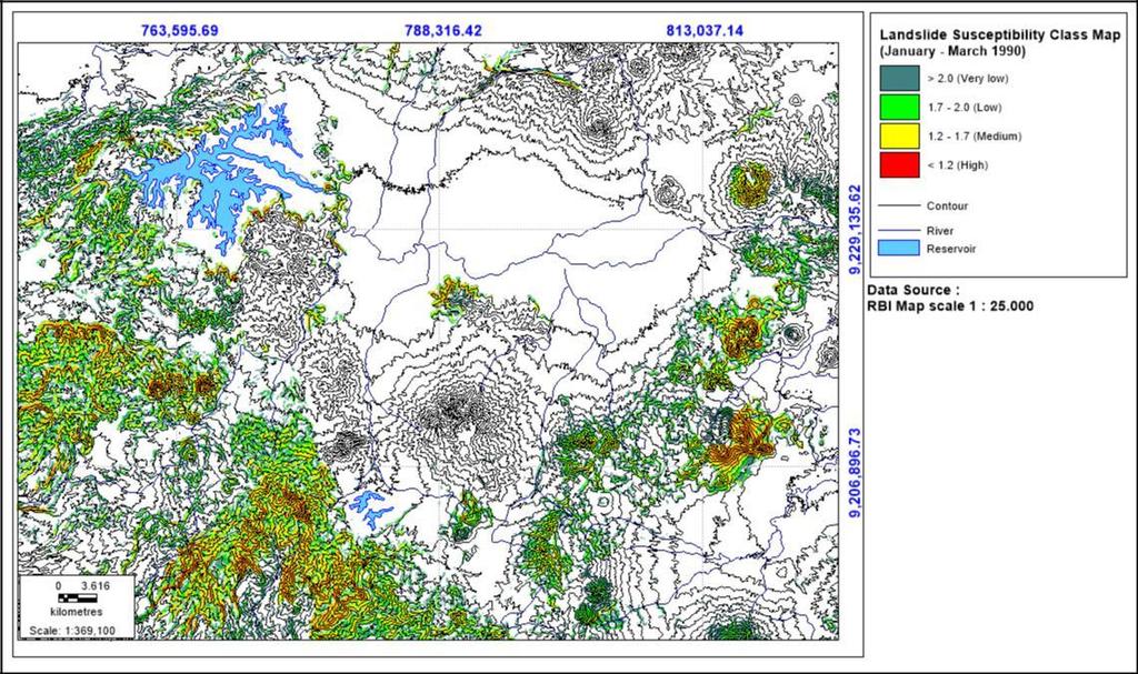 Landslide susceptibility class map produced by TRIGRS MAP for January-February 990 (59 days).