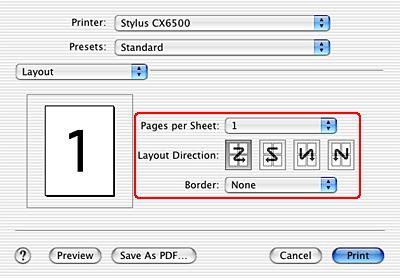Pages per Sheet Prints multiple pages of your document on a single piece of paper. You can choose from 1, 2, 4, 6, 9, or 16.