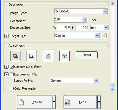 Resolution Select an appropriate resolution. See Selecting a suitable resolution. Target Size To be set in a later step. Adjustments To be set in a later step.