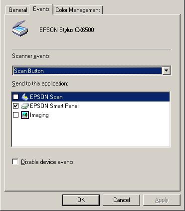 Select a desired button from the Scanner events list and select the checkbox of the desired application in the Send to this application list; clear the rest of the checkboxes.