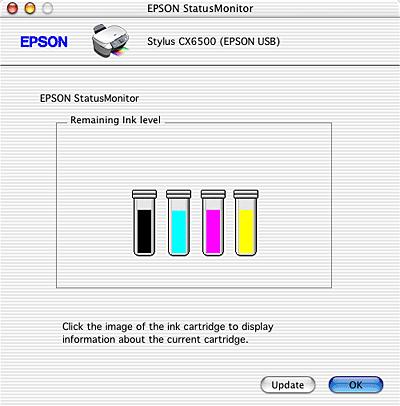 Note: The graphic displays the amount of ink that remained when Epson StatusMonitor was first opened. To update the ink-level information, click Update.
