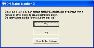 By clicking the Yes button, you can use a mixture of color inks to create black for printing documents. Ink from the black ink cartridge is not used.