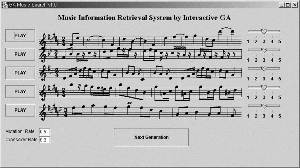 Fig. 9. Music encoding and retrieval. Fig. 10. User interface of music retrieval system. Fig. 11. Crossover operation and decoded music. calculated.