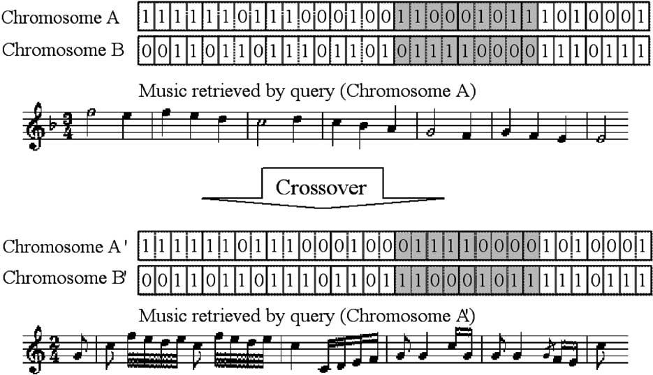 This chromosome contains frequency information of music interval variation per 4 b. The frequency information of the MIDI in the music database is also calculated.