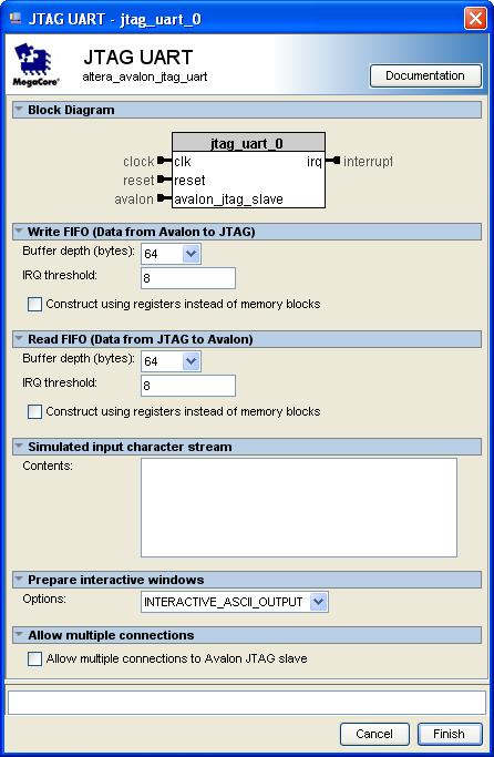 Figure 12. Define the JTAG UART interface. 10. The complete system is depicted in Figure 13. Note that the SOPC Builder automatically chooses names for the various components.