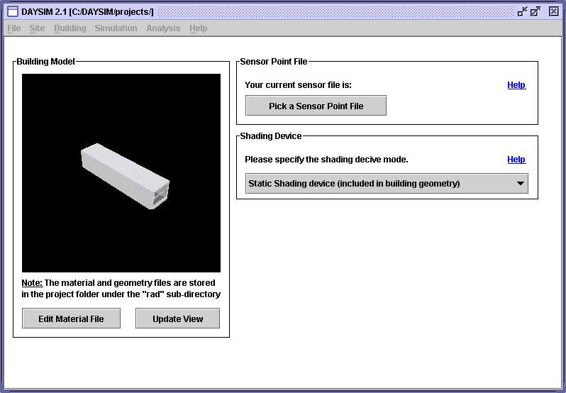 By clicking OK you finalize the import of the building model into Daysim. The building menu should now look similar to Figure 5.1.14. Figure 5.1-14: Building menu after a successful import of a 3ds file.