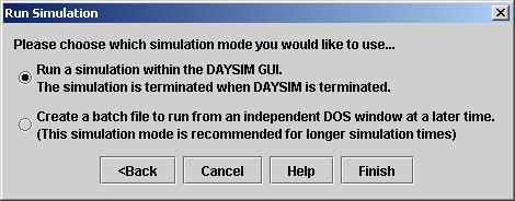 1-21: Second RUN SIMULATION dialogue box. Pick the first option and click FINISH. The simulation will take about 1 hour on a PC with a 1GHz processor.