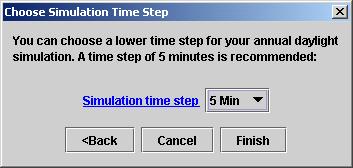 You can pick a simulation time step for your annual daylight simulation between 1 minute and 1 hour. For calculations of the electric lighting use you should pick 5 minutes (default).