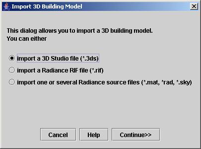 Step 5: import building model and sensor point file You now need to import the 3d studio file (*.3ds) that was previously exported from SketchUp (chapter 4.1).