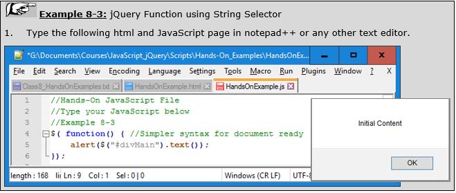 21.2 JQUERY BASICS 315 The jquery Function jquery() or $ is heavily overloaded: Passing CSS Selector Pass a CSS selector string to return a set of elements matching the CSS selector string