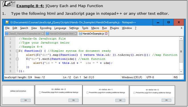 21.2 JQUERY BASICS 322 Usually you do not need each since jquery methods usually iterate implicitly over the set of matched elements and operate on them all