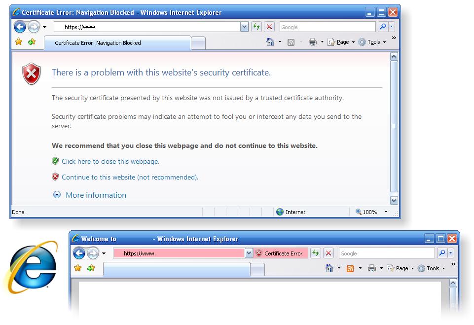 Microsoft s IE7 (Available on Windows XP Service pack 2 systems and on Windows Vista ) rather than presenting a small warning to users, which previously was sometimes