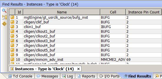 3. In the Find Results window, scroll down the list of objects, and observe the following: BUFG IBUFG MMCME2_ADV Figure 25: Clock Objects in the