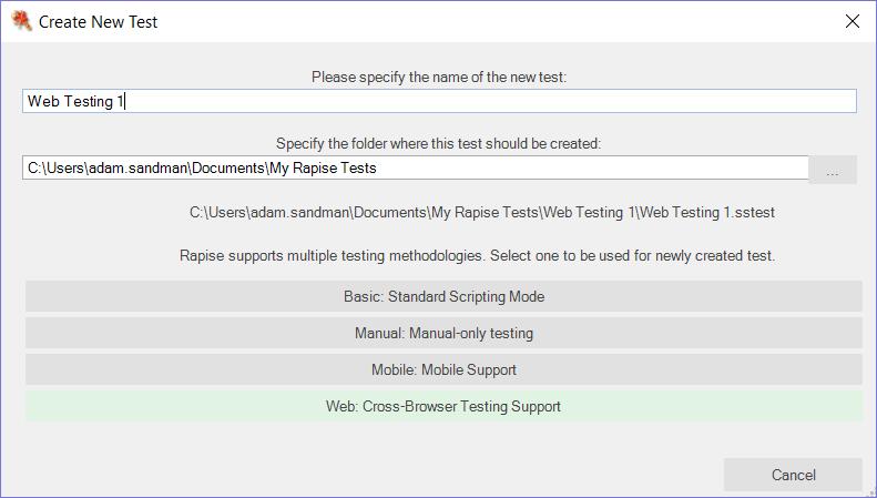 However, for now just click on the [Cancel] button and you will see the new test dialog : Now enter the name of your new test Web Testing 1, make sure the Methodology