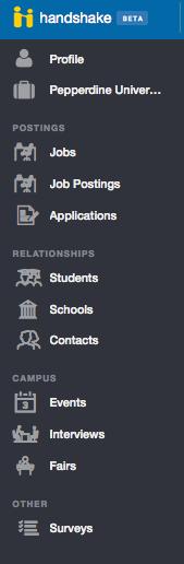 Understanding the Handshake Navigation Toolbar Profile: Create your employer profile that students can see when accessing jobs.
