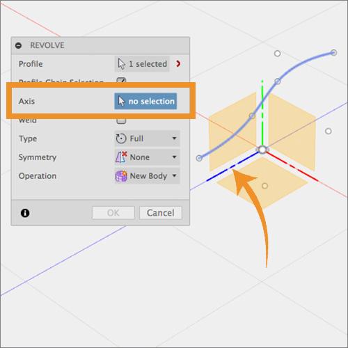 13 / 28 Step 9: Revolve a T-Spline using the sketch curve as input 1. Select Create > Revolve. 2. Select on the sketch curve to identify it as the Profile curve to be revolved.