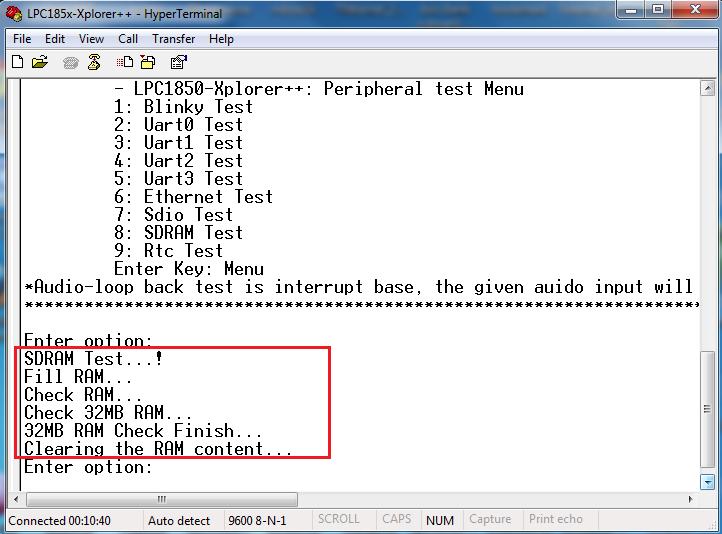 3.3.5 SDRAM Test setup and verification: To test SDRAM enter option 8, the result of