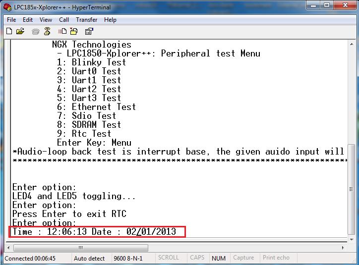 3.6 RTC Test setup and verification: To test RTC enter option 9, the time and date will