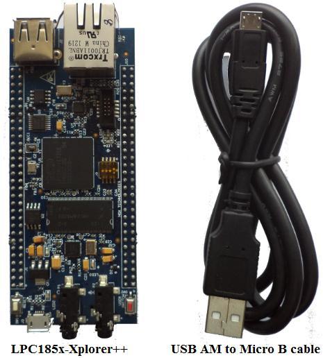 After unboxing the package you should find LPC185X-Xplorer++ Board, USB AM to Micro B cable as shown in the following image. Fig. 2 1.